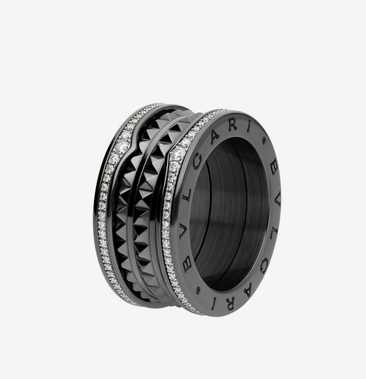 [Crown  Jewelry]ZERO 1 ROCK FOUR-BAND BLACK CERAMIC WITH STUDDED SPIRAL AND PAVED DIAMONDS RING
