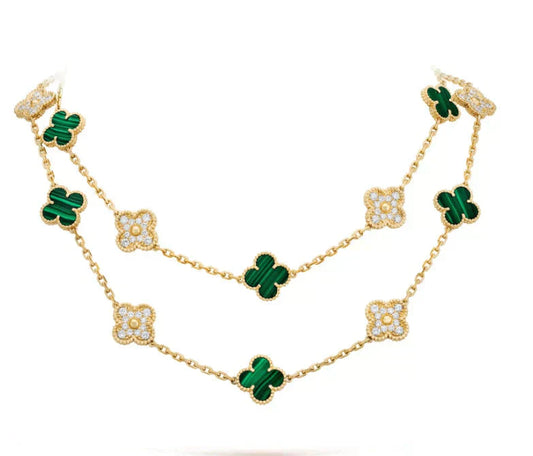 [Crown  Jewelry]CLOVER 20 MOTIFS MALACHITE DIAMOND NECKLACE